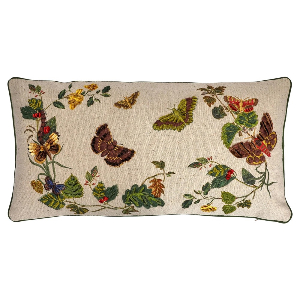 Roswell Traditional Beige Embroidered Butterfly Lumbar Pillow - 12x24|