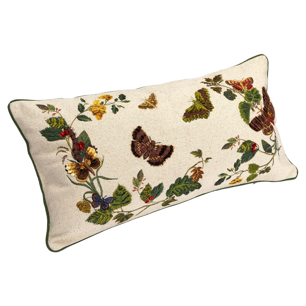 Roswell Traditional Beige Embroidered Butterfly Lumbar Pillow - 12x24|