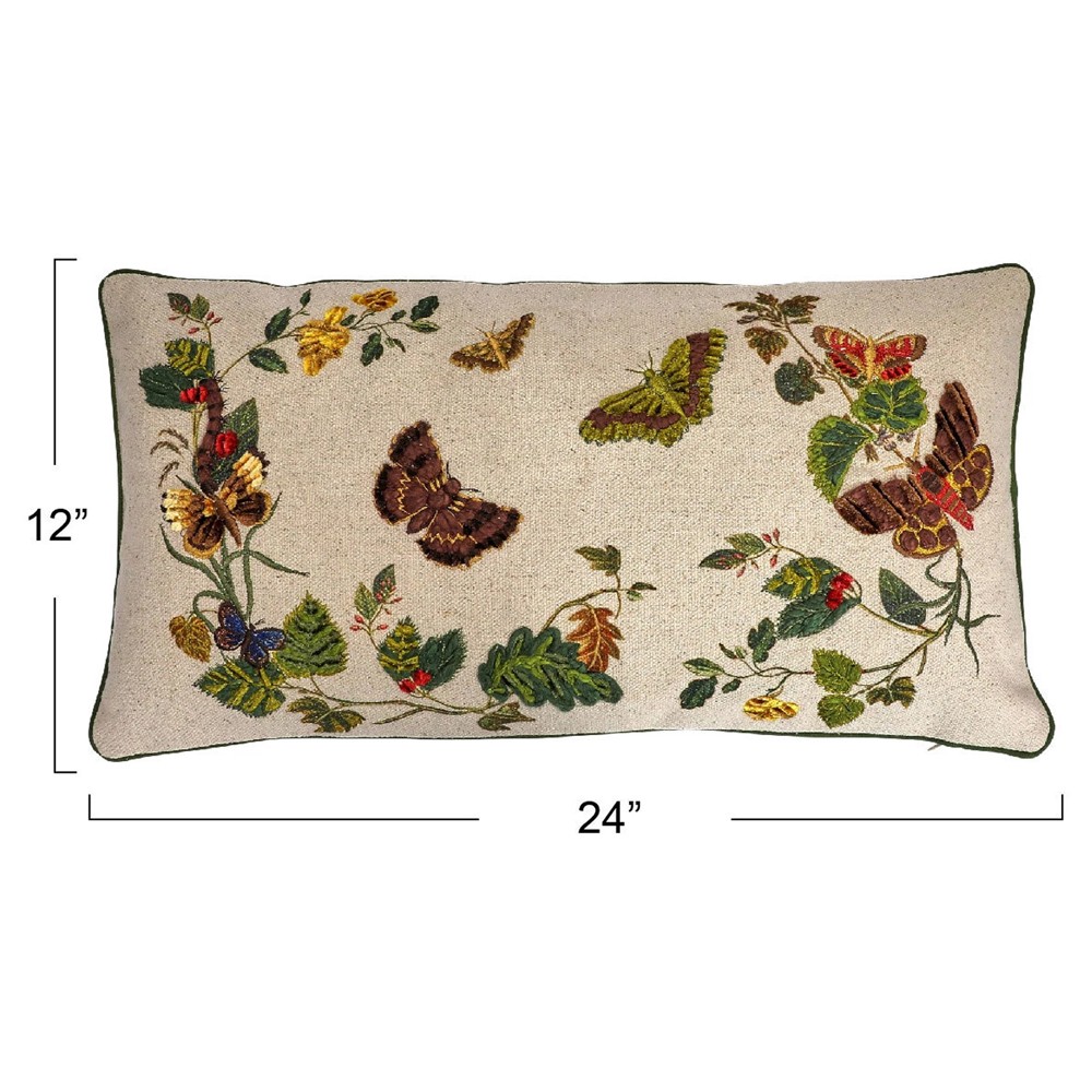 Roswell Traditional Beige Embroidered Butterfly Lumbar Pillow - 12x24|