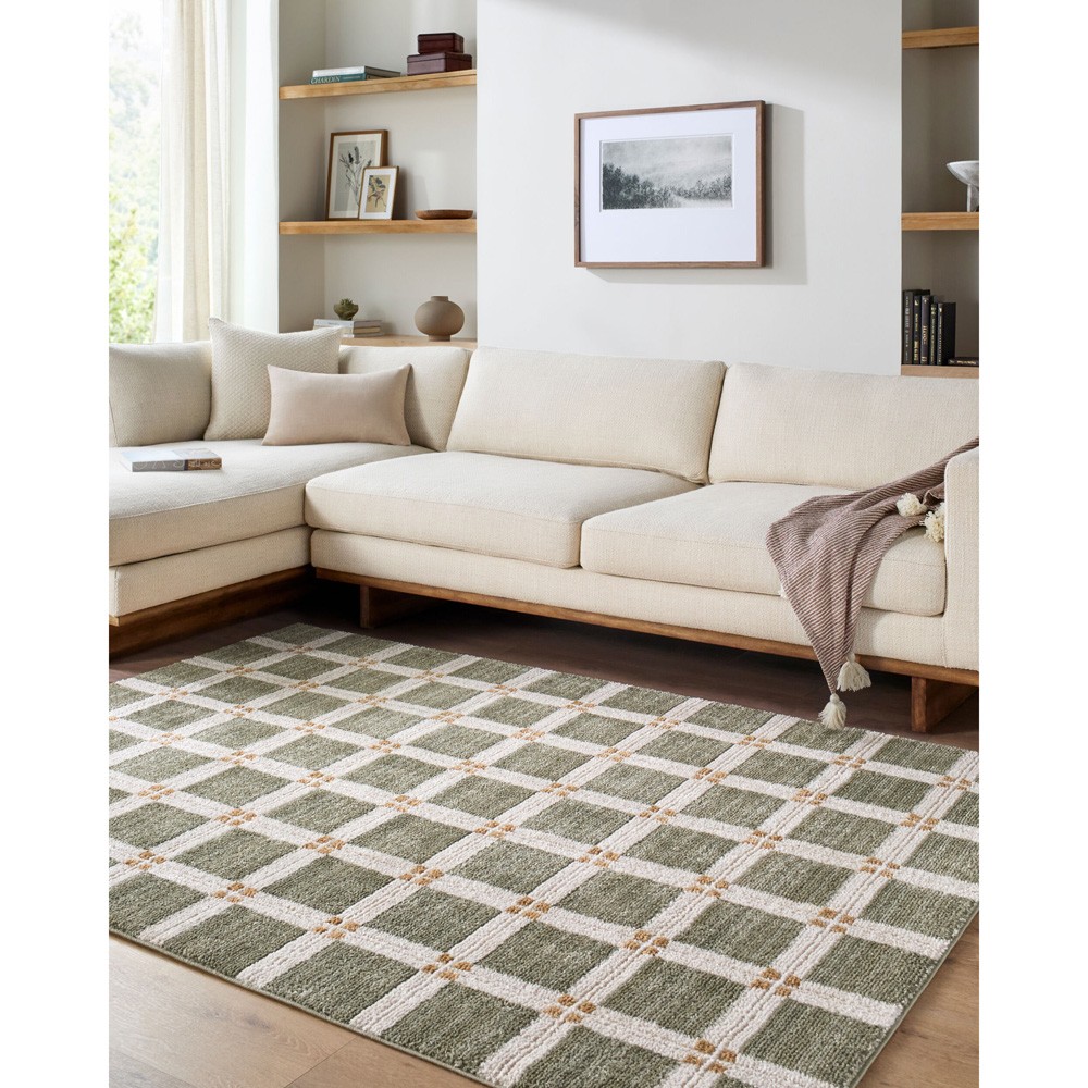 Erin Modern Classic Green Grid Patterned Rug - 5'3"x7'|