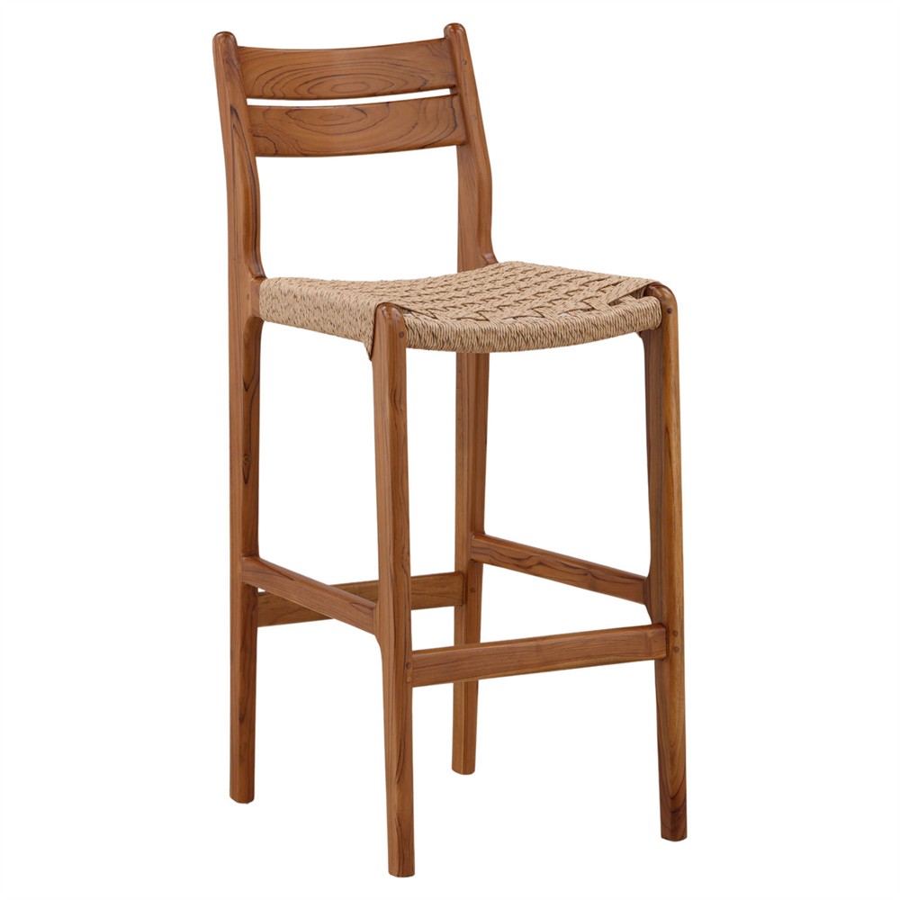 Daphnis Coastal Beach Natural Teak Wood Woven Outdoor Bar Stool|