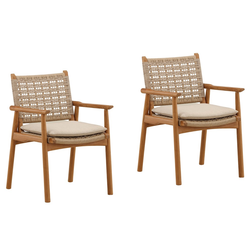 Loane Coastal Beach Sand Woven Wicker Natural Teak Outdoor Dining Arm Chair - Set of 2|