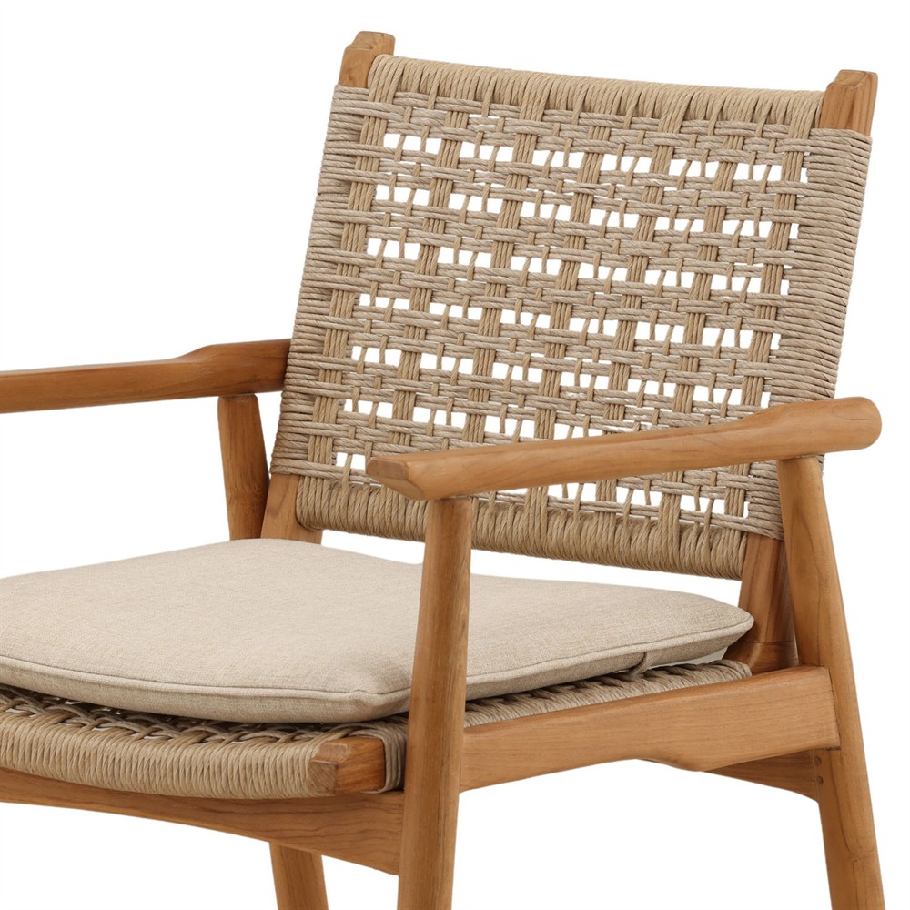 Loane Coastal Beach Sand Woven Wicker Natural Teak Outdoor Dining Arm Chair - Set of 2|
