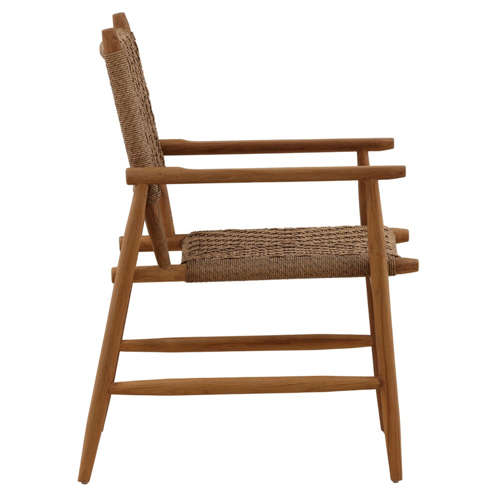 Leandre Coastal Brown Woven Wicker Teak Outdoor Dining Arm Chair - Set of 2|