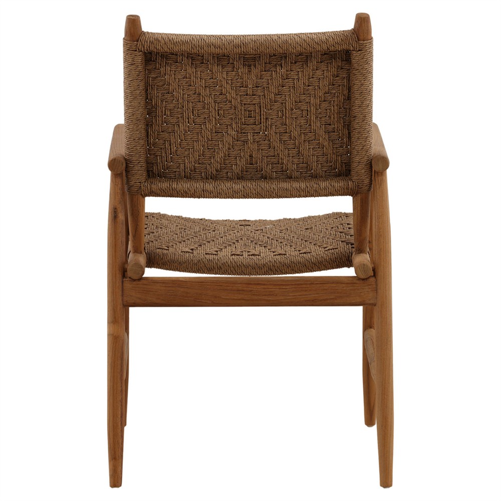 Leandre Coastal Brown Woven Wicker Teak Outdoor Dining Arm Chair - Set of 2|