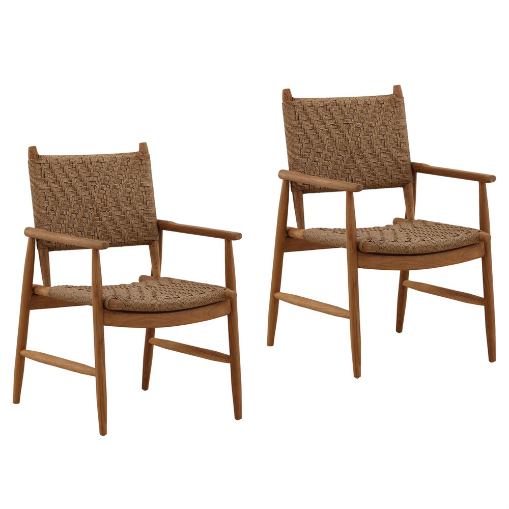 Leandre Coastal Brown Woven Wicker Teak Outdoor Dining Arm Chair - Set of 2|