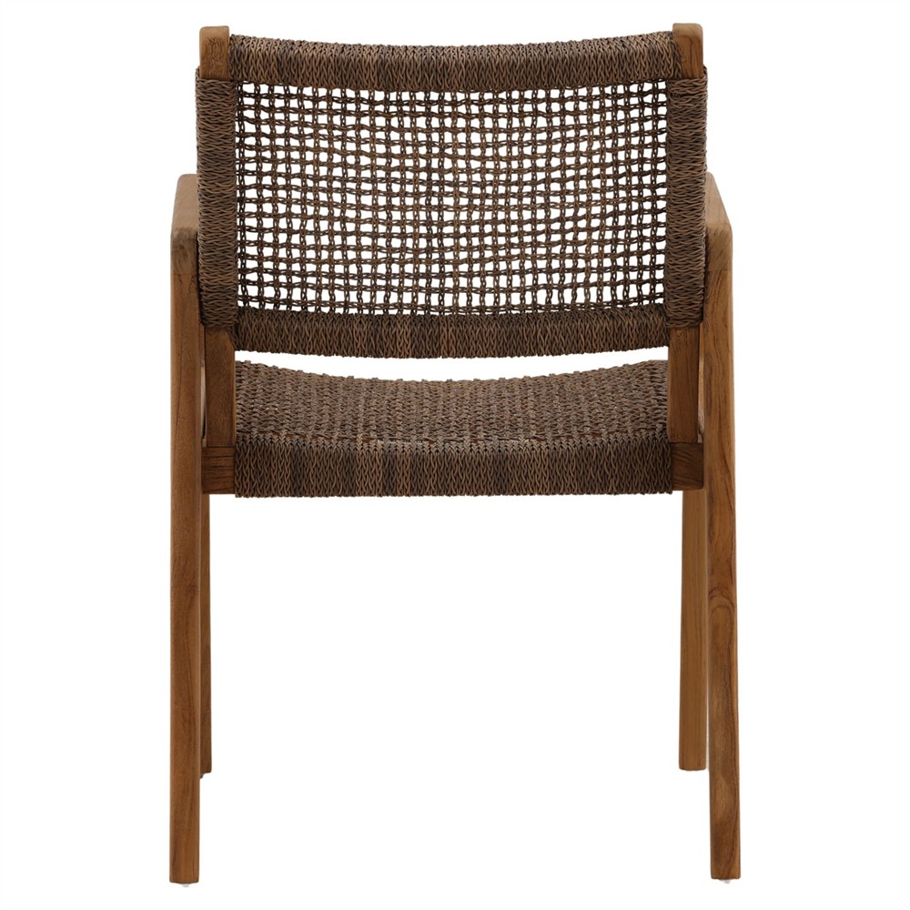 Amicie Dark Brown Woven Wicker Natural Teak Outdoor Dining Arm Chair - Set of 2|