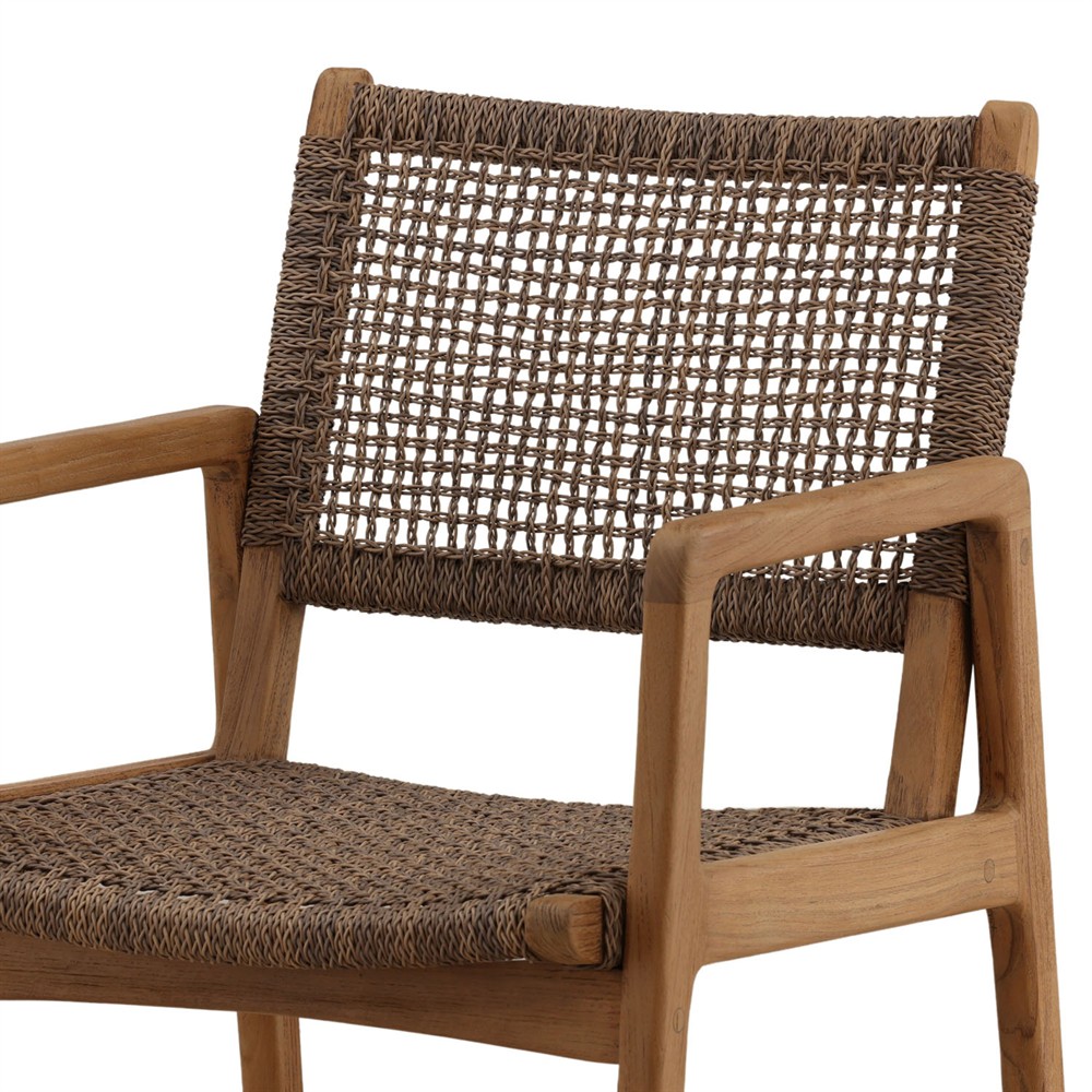 Amicie Dark Brown Woven Wicker Natural Teak Outdoor Dining Arm Chair - Set of 2|
