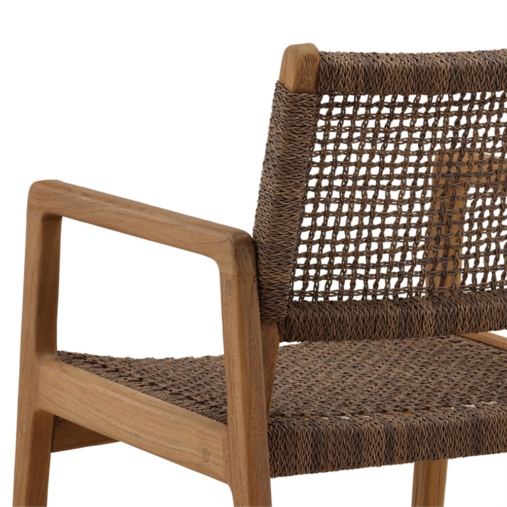 Amicie Dark Brown Woven Wicker Natural Teak Outdoor Dining Arm Chair - Set of 2|