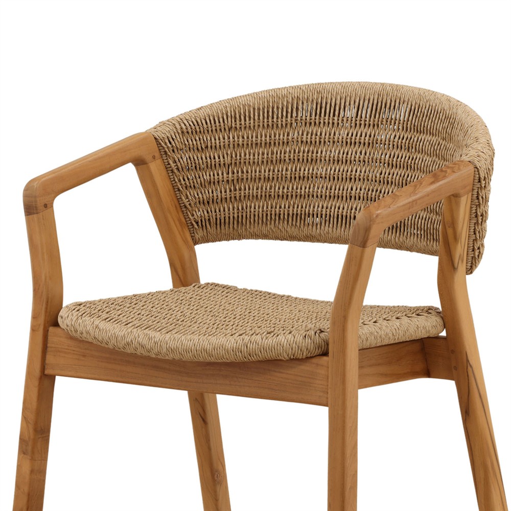 Eulalie Coastal Beach Natural Woven Wicker Teak Outdoor Dining Arm Chair|