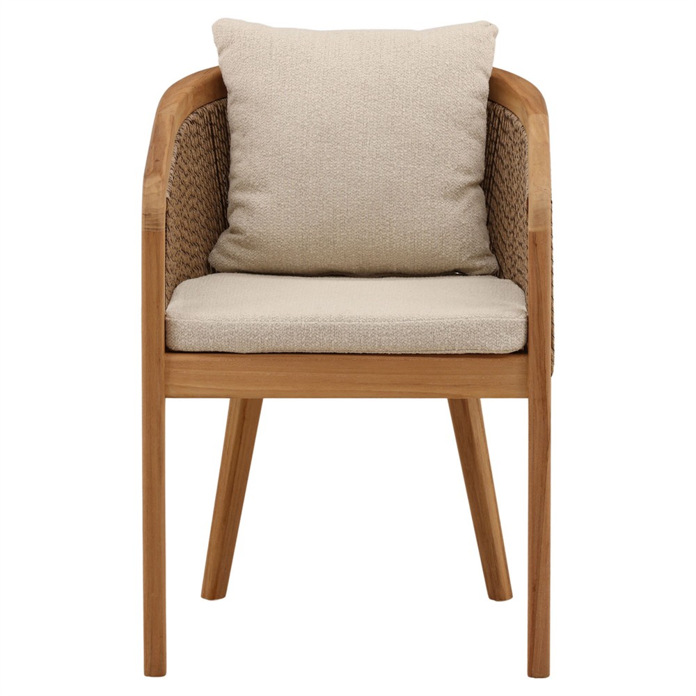 Herminia Coastal Sand Woven Natural Teak Outdoor Dining Arm Chair|
