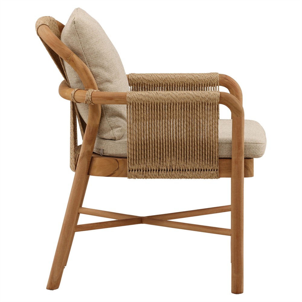 Noelie Coastal Beach Sand Woven Natural Teak Outdoor Dining Arm Chair|