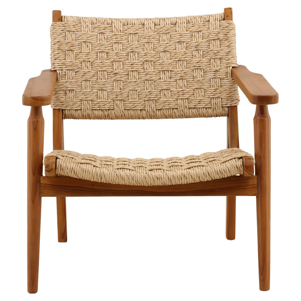 Evariste Coastal Beach Natural Teak Woven Rattan Outdoor Arm Chair|