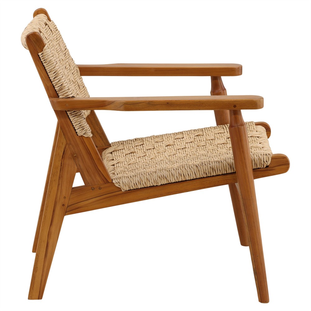 Evariste Coastal Beach Natural Teak Woven Rattan Outdoor Arm Chair|