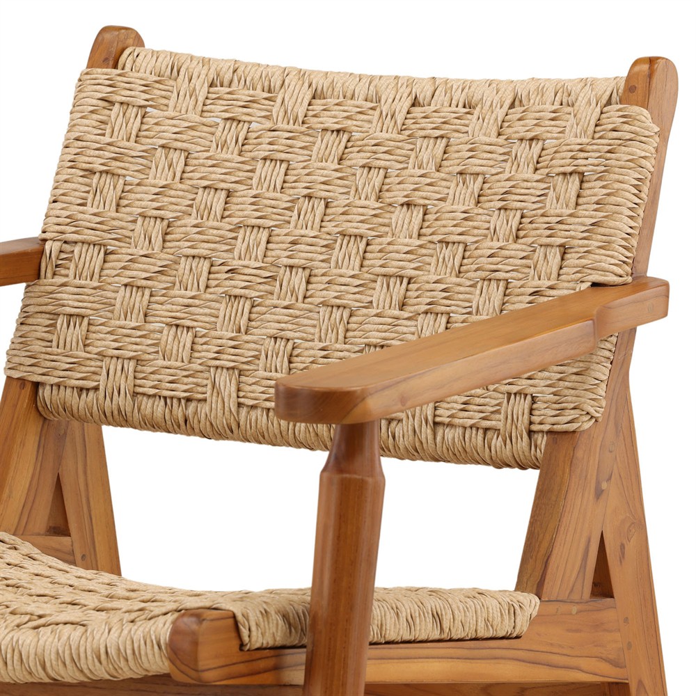 Evariste Coastal Beach Natural Teak Woven Rattan Outdoor Arm Chair|