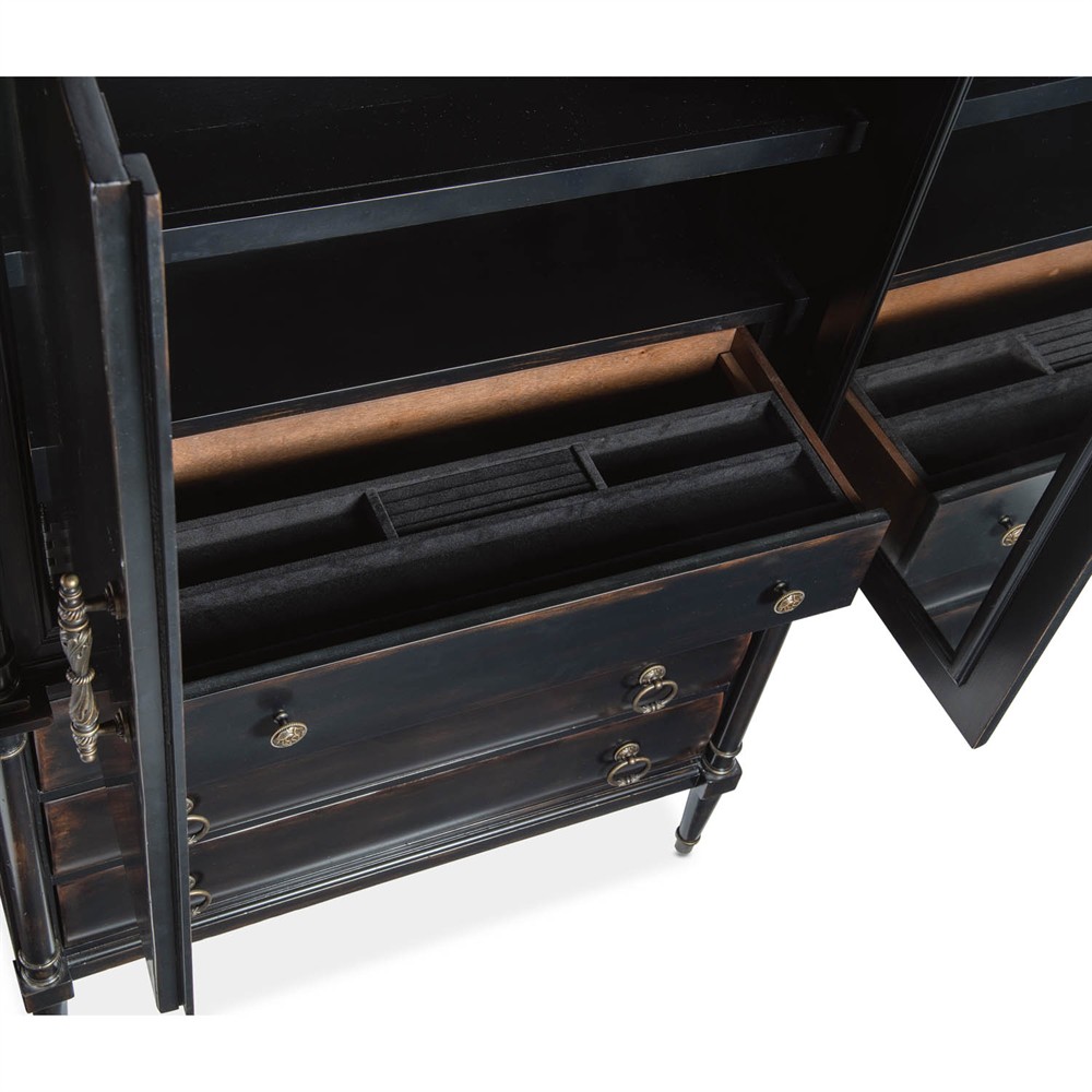Stella Updated Traditional Aged Black Wood Jewelry Armoire|