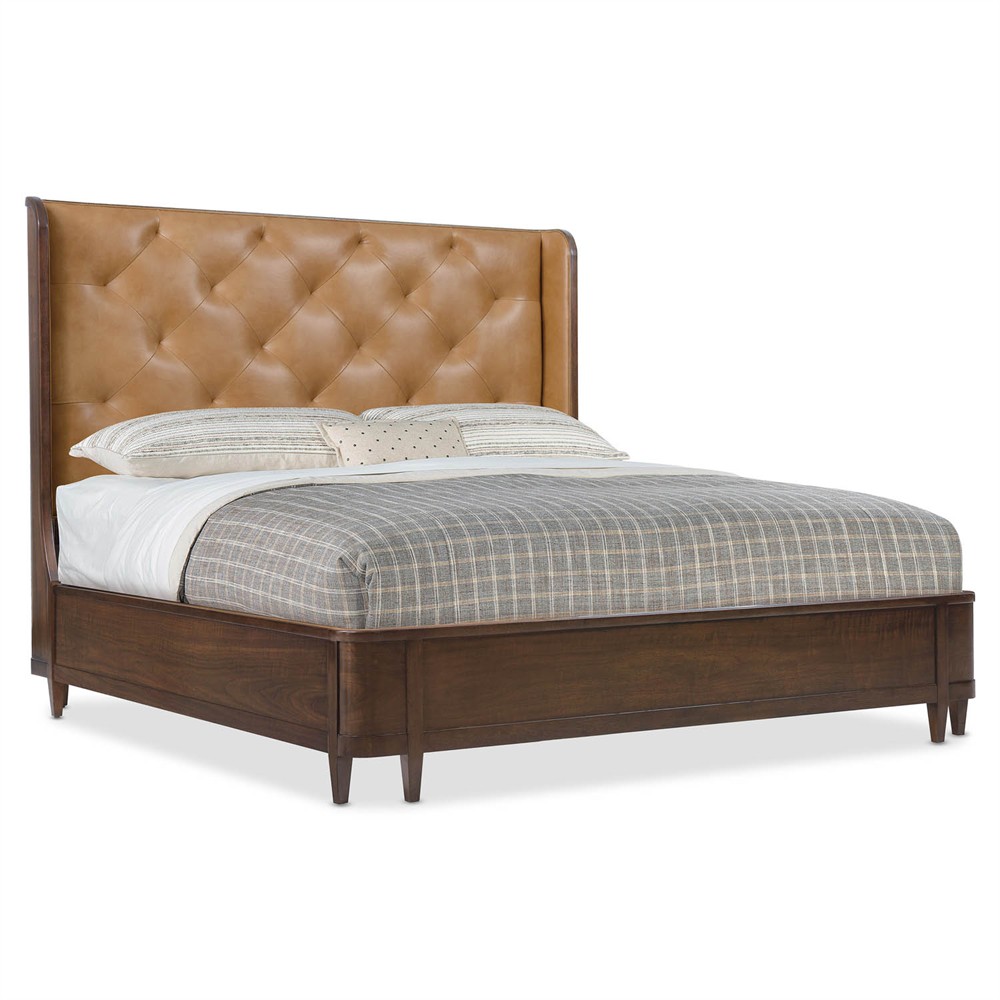 Alaine Rustic Lodge Brown Leather Walnut Wood Wingback Bed - Queen|