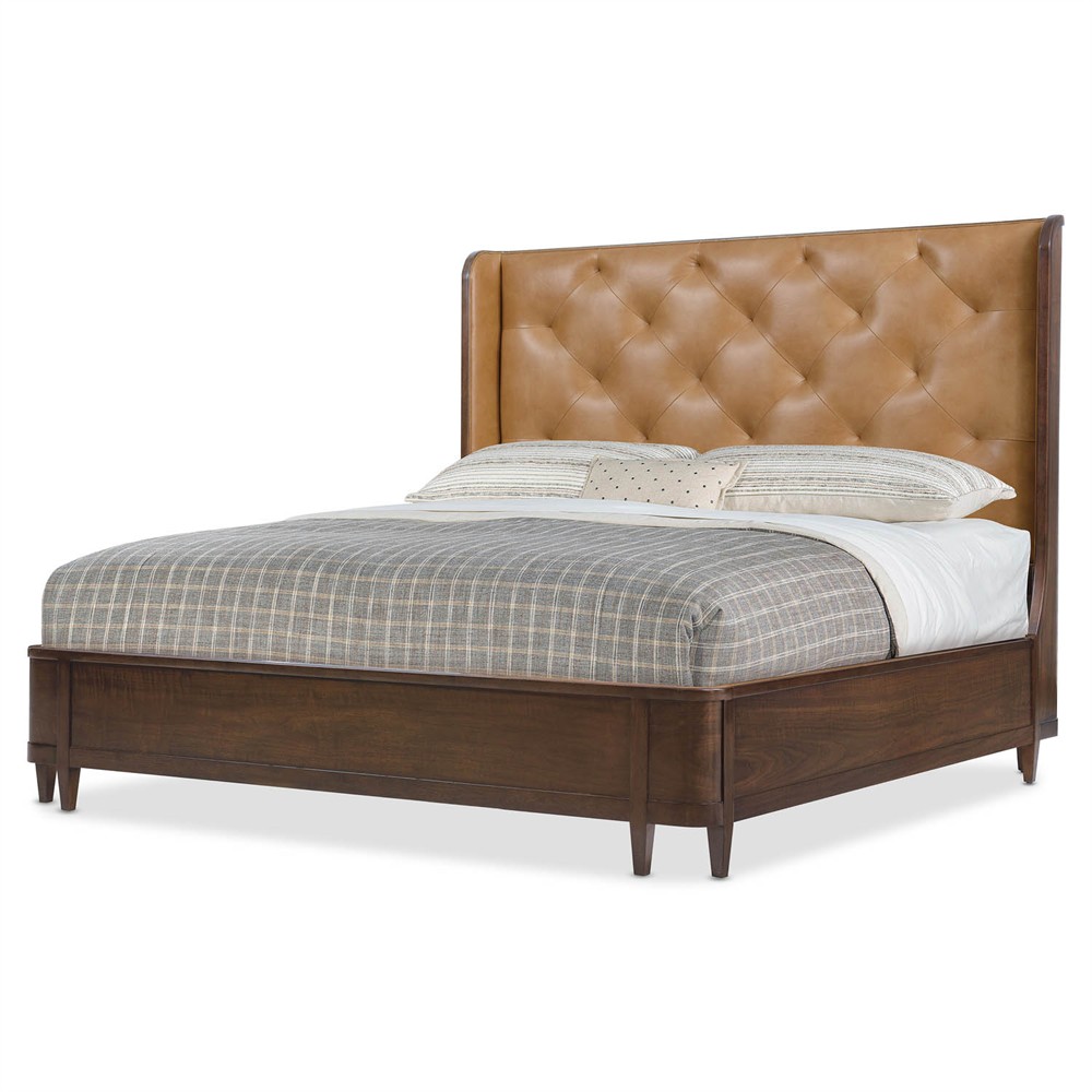 Alaine Rustic Lodge Brown Leather Walnut Wood Wingback Bed - Queen|