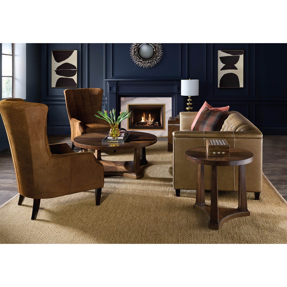 Alaine Updated Traditional Dark Brown Walnut Wood Round Cocktail Table|