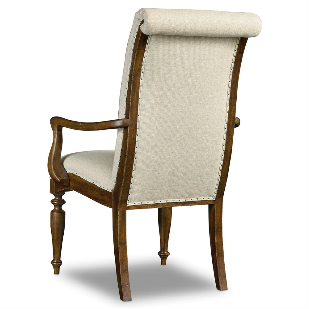 Alban Updated Traditional Cream Linen Dark Brown Wood Dining Arm Chair|