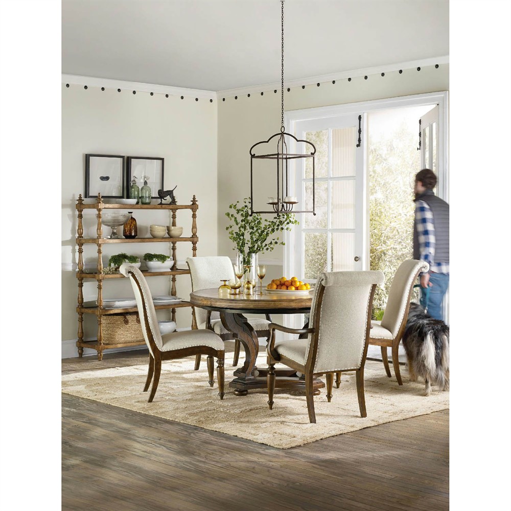 Alban Updated Traditional Cream Linen Dark Brown Wood Dining Arm Chair|