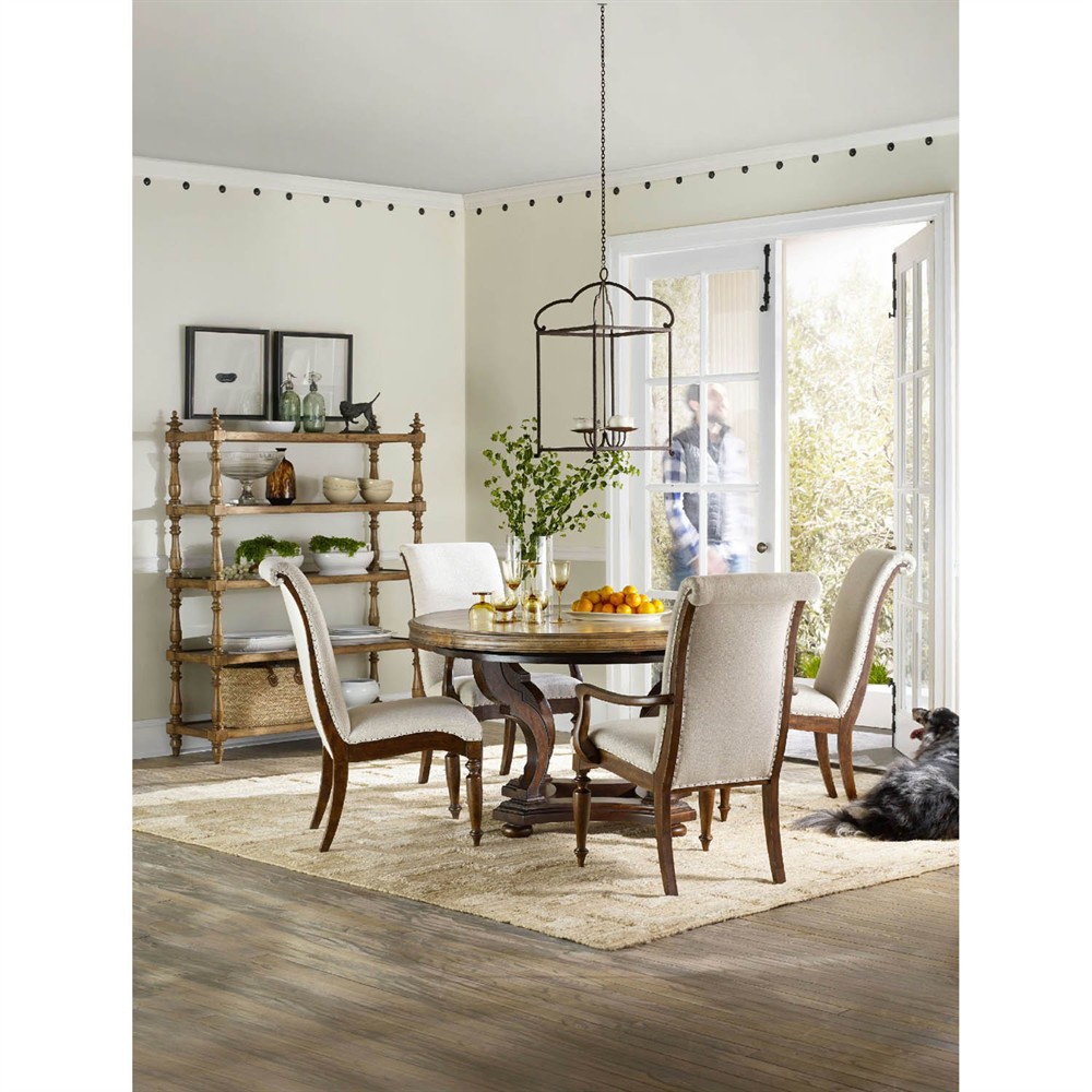 Alban Updated Traditional Cream Linen Dark Brown Wood Dining Arm Chair|