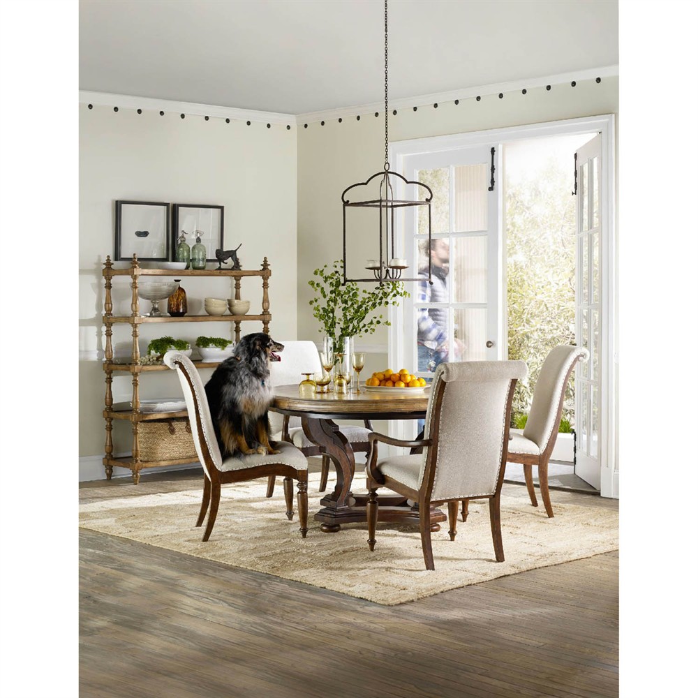 Alban Updated Traditional Cream Linen Dark Brown Wood Dining Arm Chair|