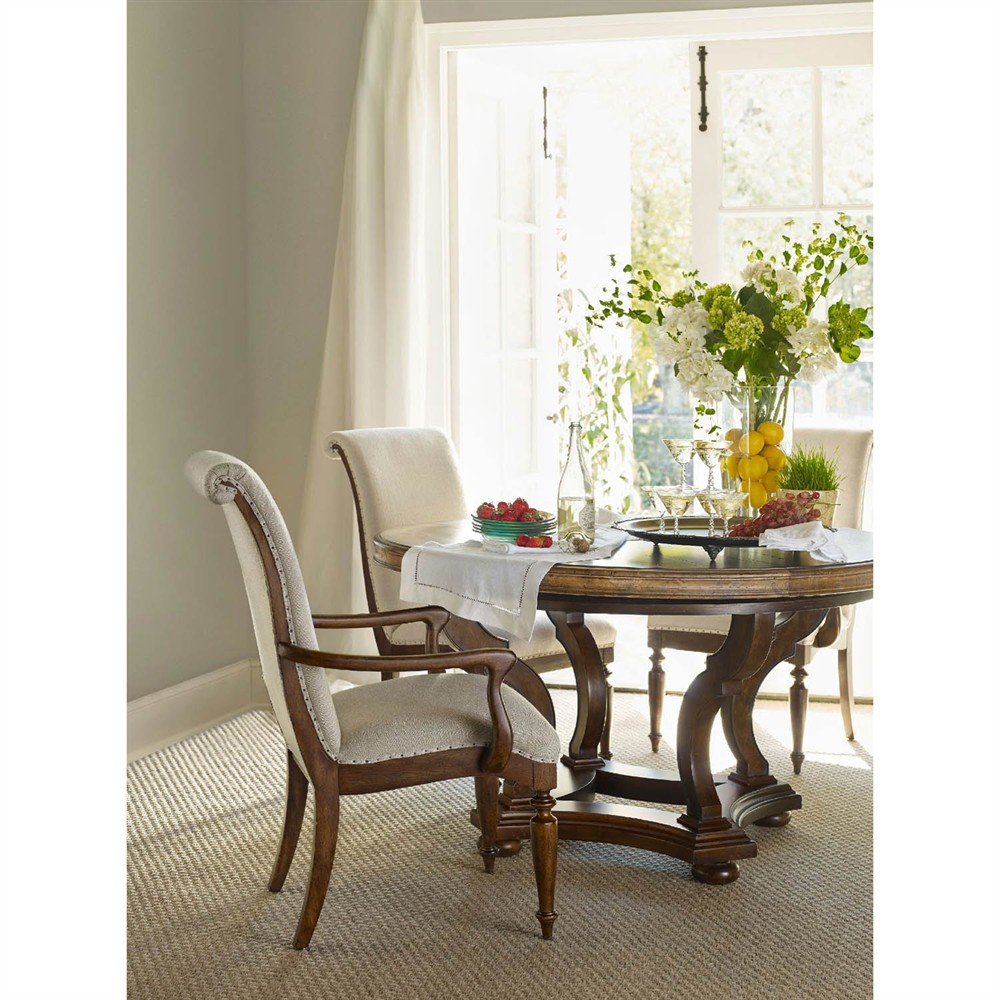 Alban Updated Traditional Cream Linen Dark Brown Wood Dining Arm Chair|