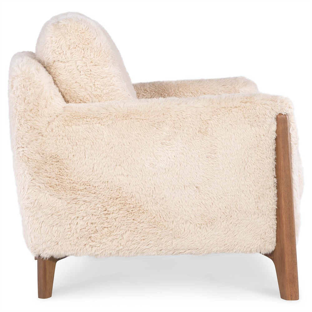 Carla Modern Classic Beige Faux Fur Brown Wood Arm Chair|