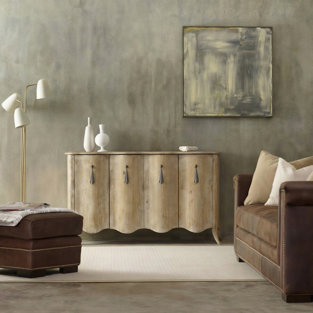 Orion Updated Traditional Light Brown Elm Wood Scalloped Credenza|