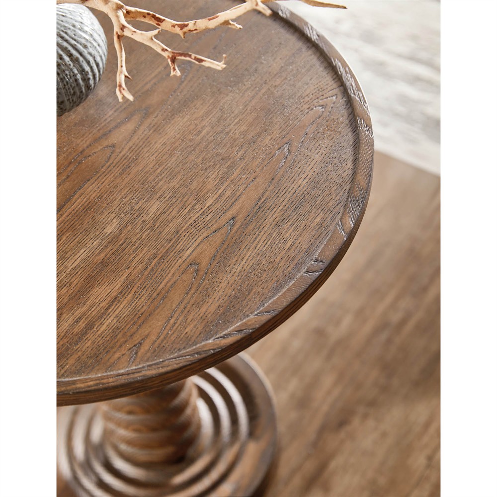Wilson Updated Traditional Brown Oak Distressed Round Spindle Accent Table|