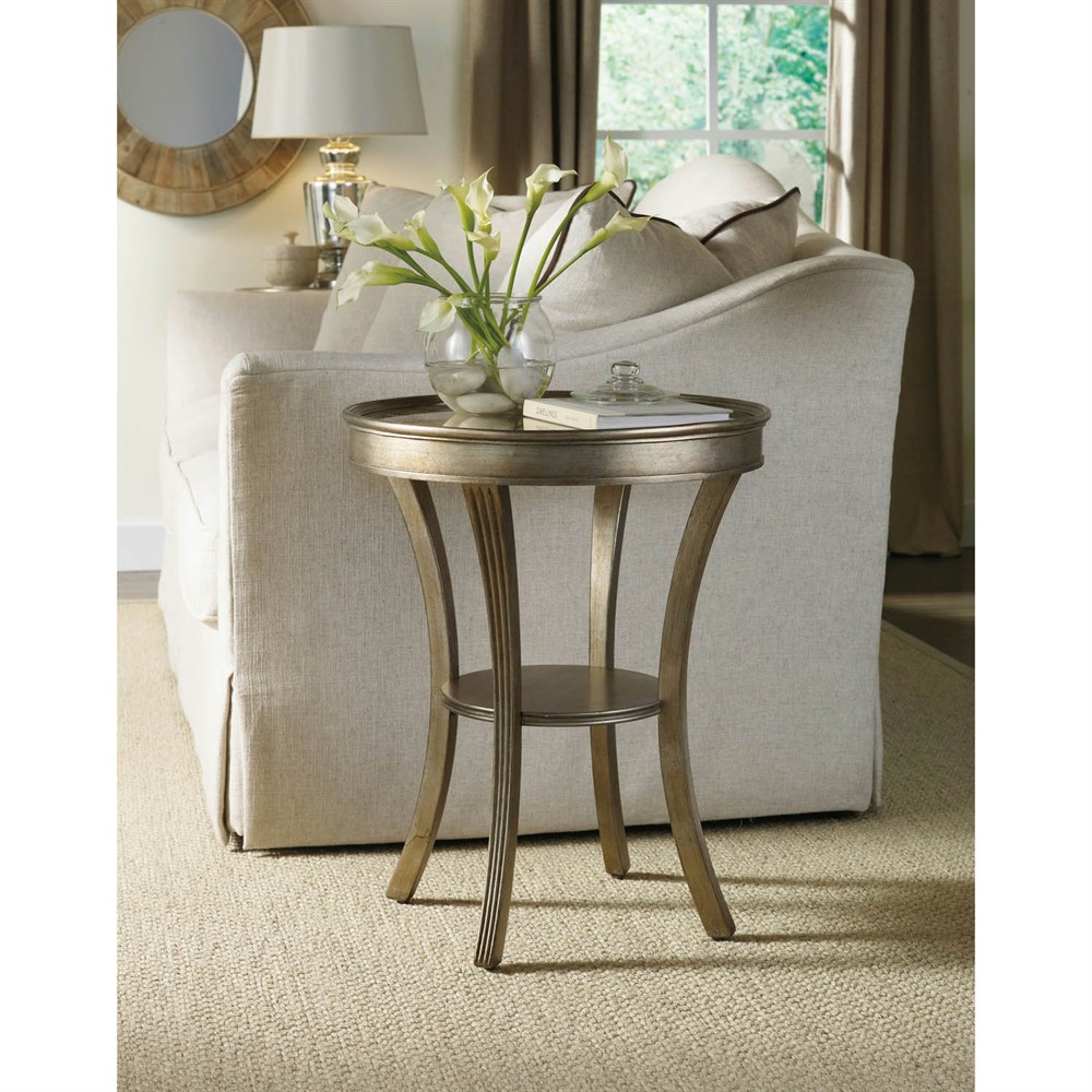 Elysia Updated Traditional Silver Greige Wood Mirrored Round Side Table|