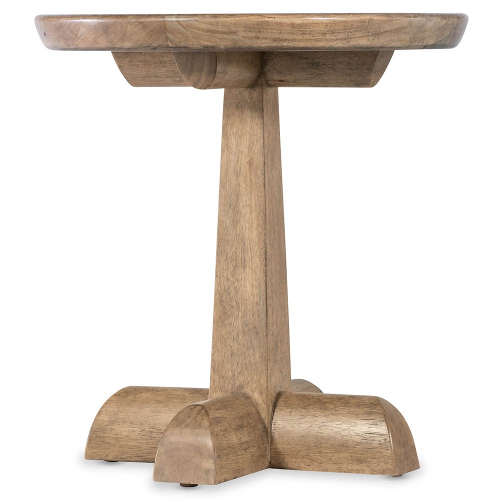 Vince Coastal Beach Grey Travertine Brown Wood Round Pedestal End Table|