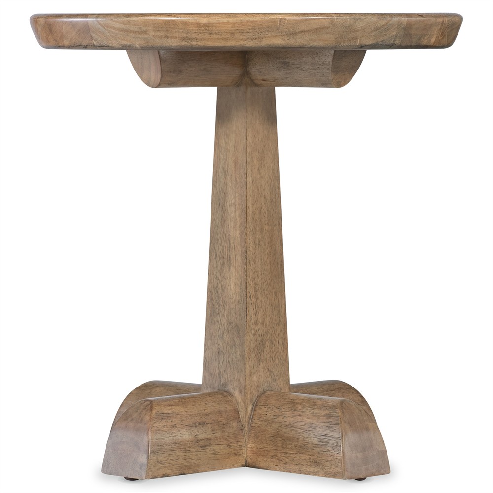 Vince Coastal Beach Grey Travertine Brown Wood Round Pedestal End Table|