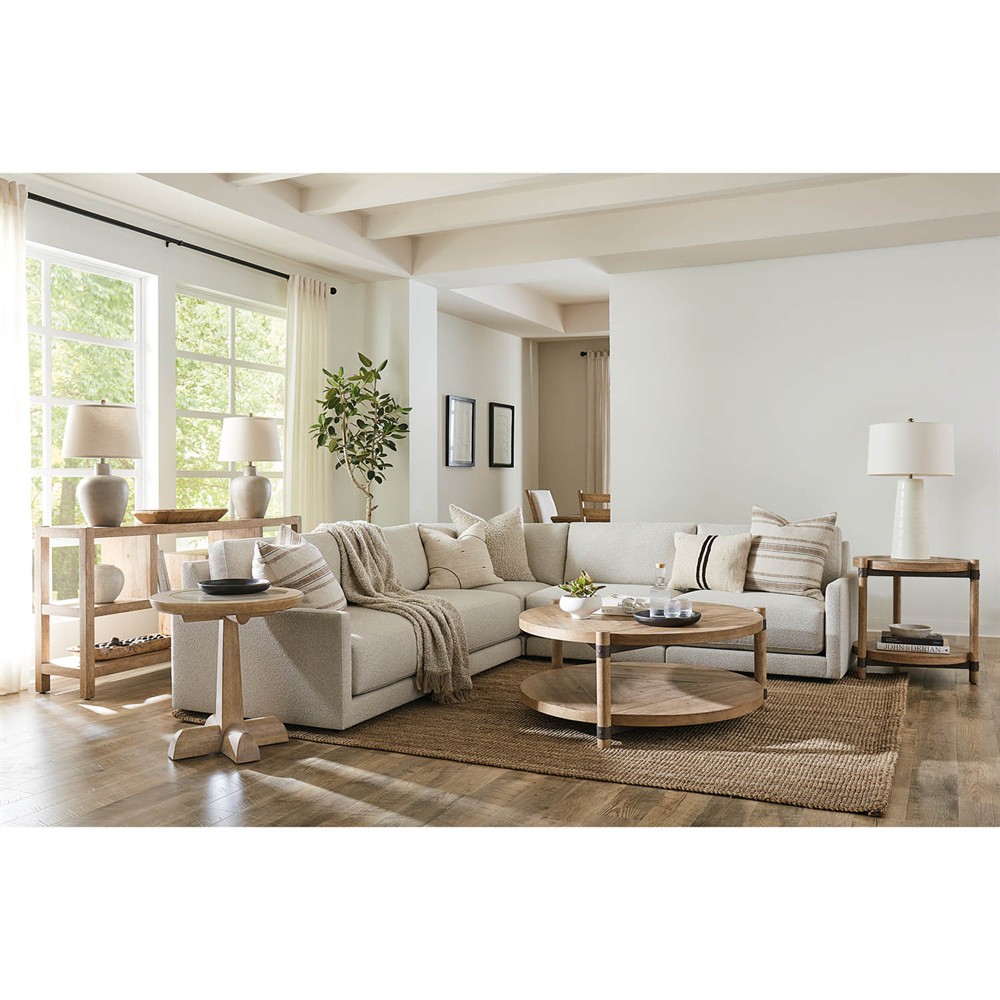 Vince Coastal Beach Grey Travertine Brown Wood Round Pedestal End Table|