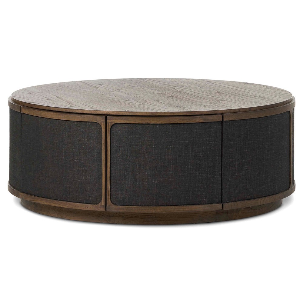 Bertie Rustic Lodge Black Painted Linen Brown Wood Round Storage Coffee Table|