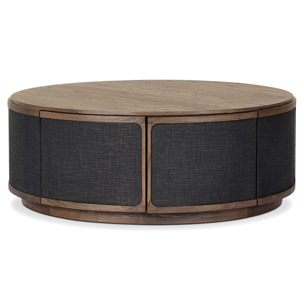 Bertie Rustic Lodge Black Painted Linen Brown Wood Round Storage Coffee Table|