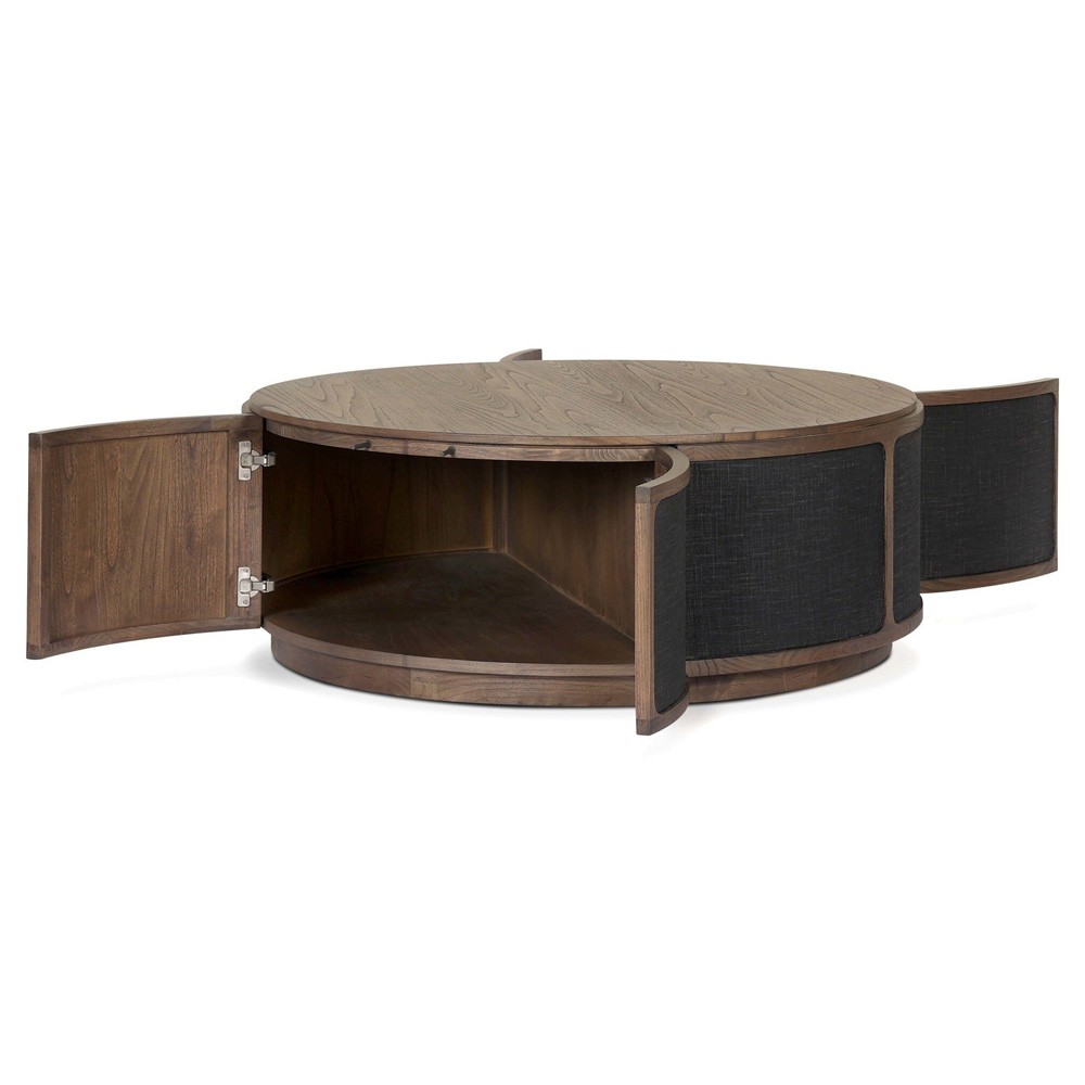 Bertie Rustic Lodge Black Painted Linen Brown Wood Round Storage Coffee Table|