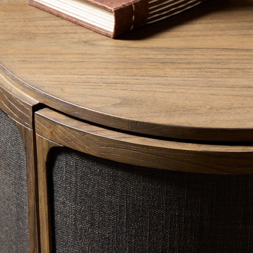 Bertie Rustic Lodge Black Painted Linen Brown Wood Round Storage End Table|