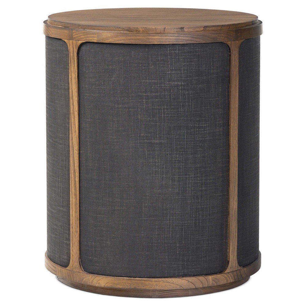 Bertie Rustic Lodge Black Painted Linen Brown Wood Round Storage End Table|