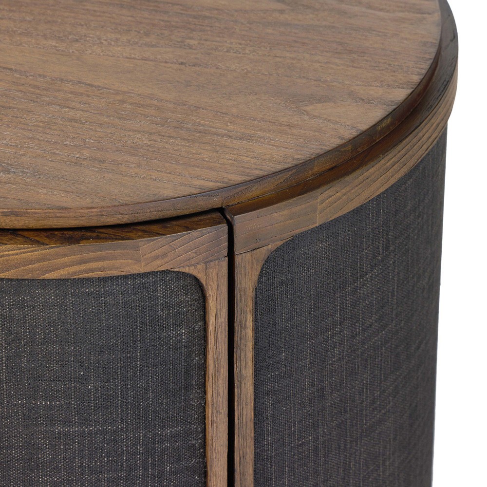 Bertie Rustic Lodge Black Painted Linen Brown Wood Round Storage End Table|