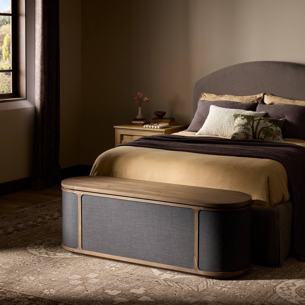 Bertie Rustic Lodge Black Painted Linen Brown Wood Round Storage Bench|