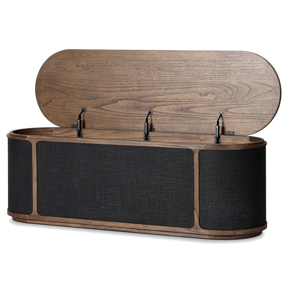 Bertie Rustic Lodge Black Painted Linen Brown Wood Round Storage Bench|