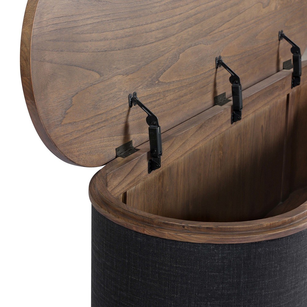 Bertie Rustic Lodge Black Painted Linen Brown Wood Round Storage Bench|