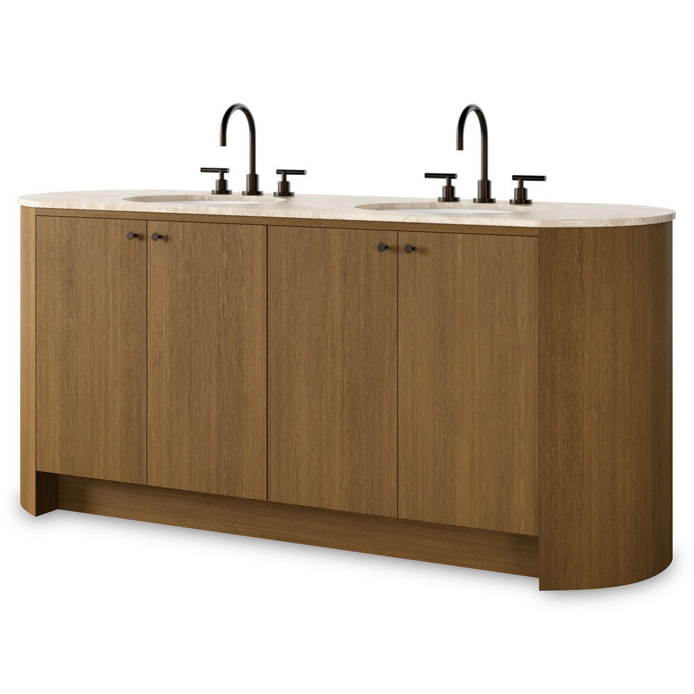 Dean Modern Classic Beige Marble Brown Oak Double Vanity Sink - 72"|