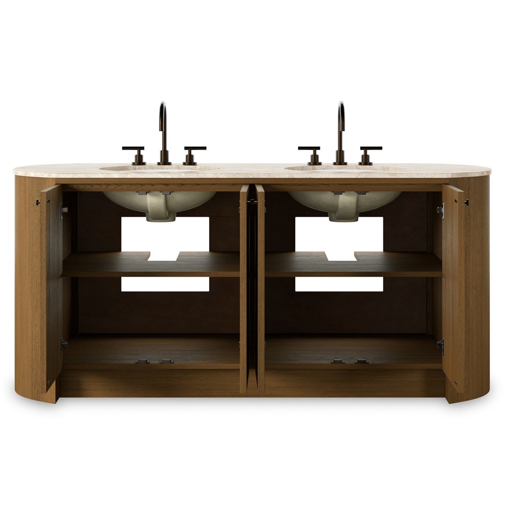 Dean Modern Classic Beige Marble Brown Oak Double Vanity Sink - 72"|