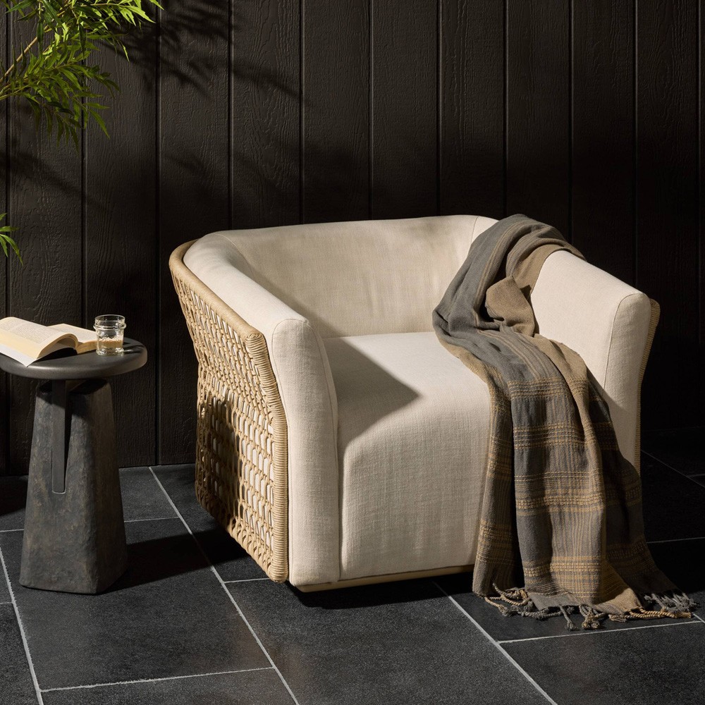 Emilian Coastal Beach Cream Woven Outdoor Swivel Chair|