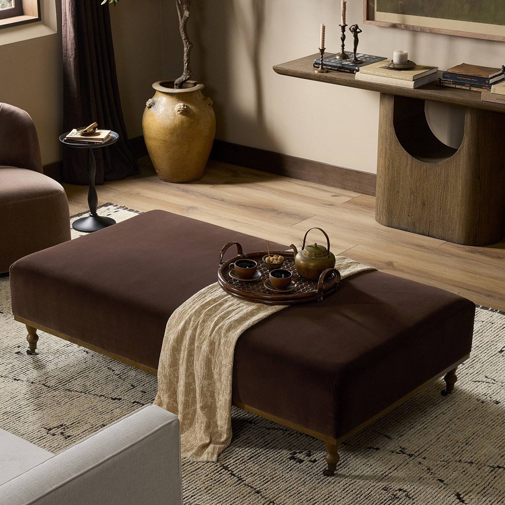 Harlin Updated Traditional Brown Velvet Performance Rectangular Cocktail Ottoman|