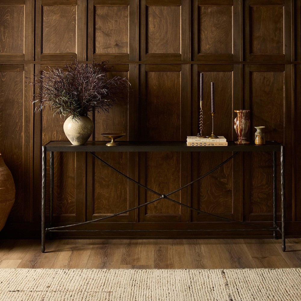 Jane Updated Traditional Textured Black Iron Rectangular Console Table|
