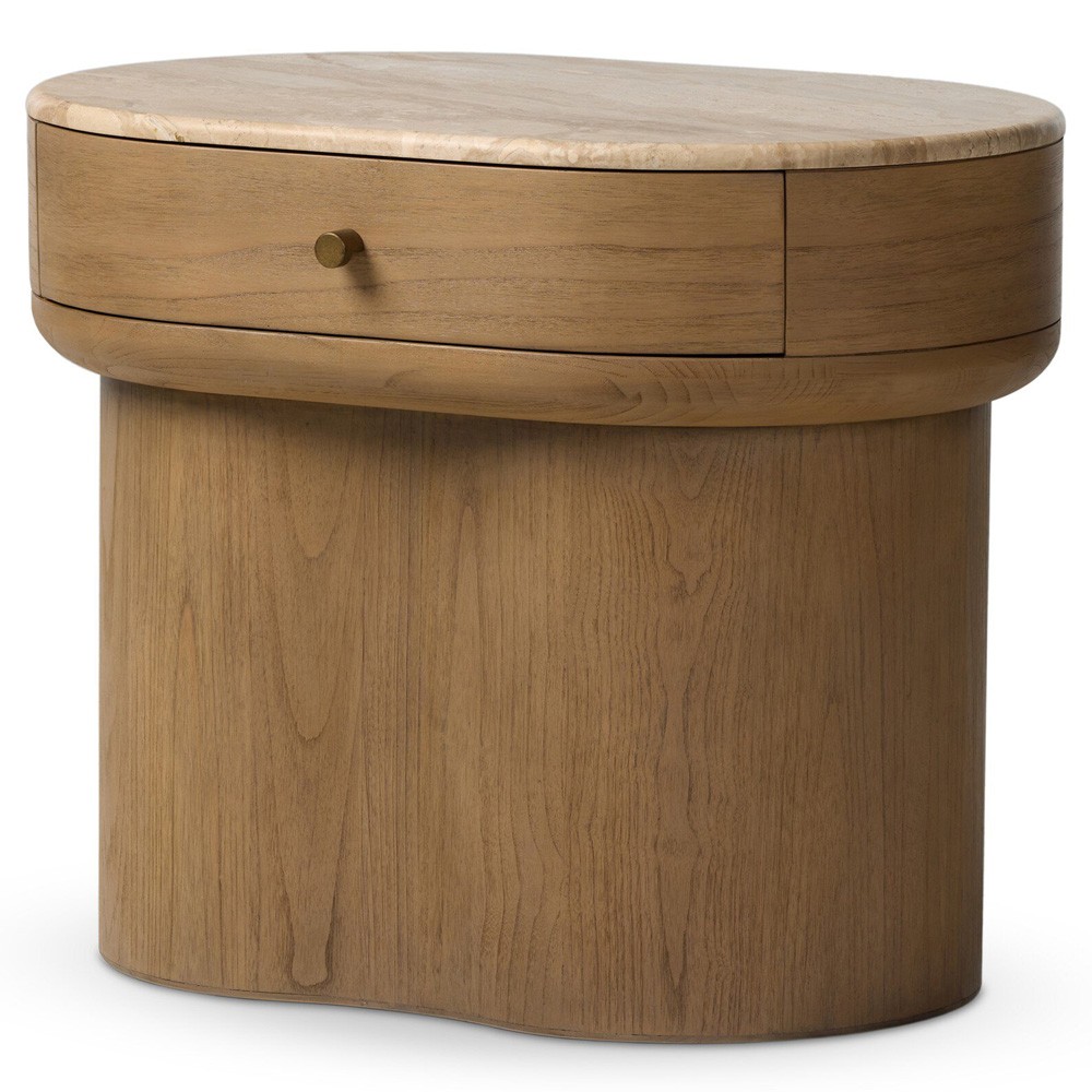 Lando Modern Classic Beige Marble Brown Wood Nightstand|